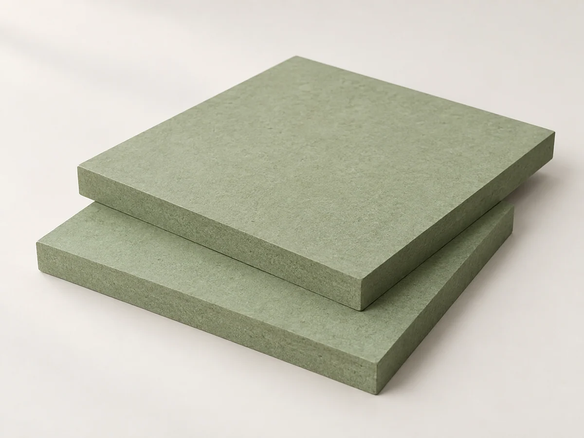 pale green moisture-resistant MDF panels with fibre cores